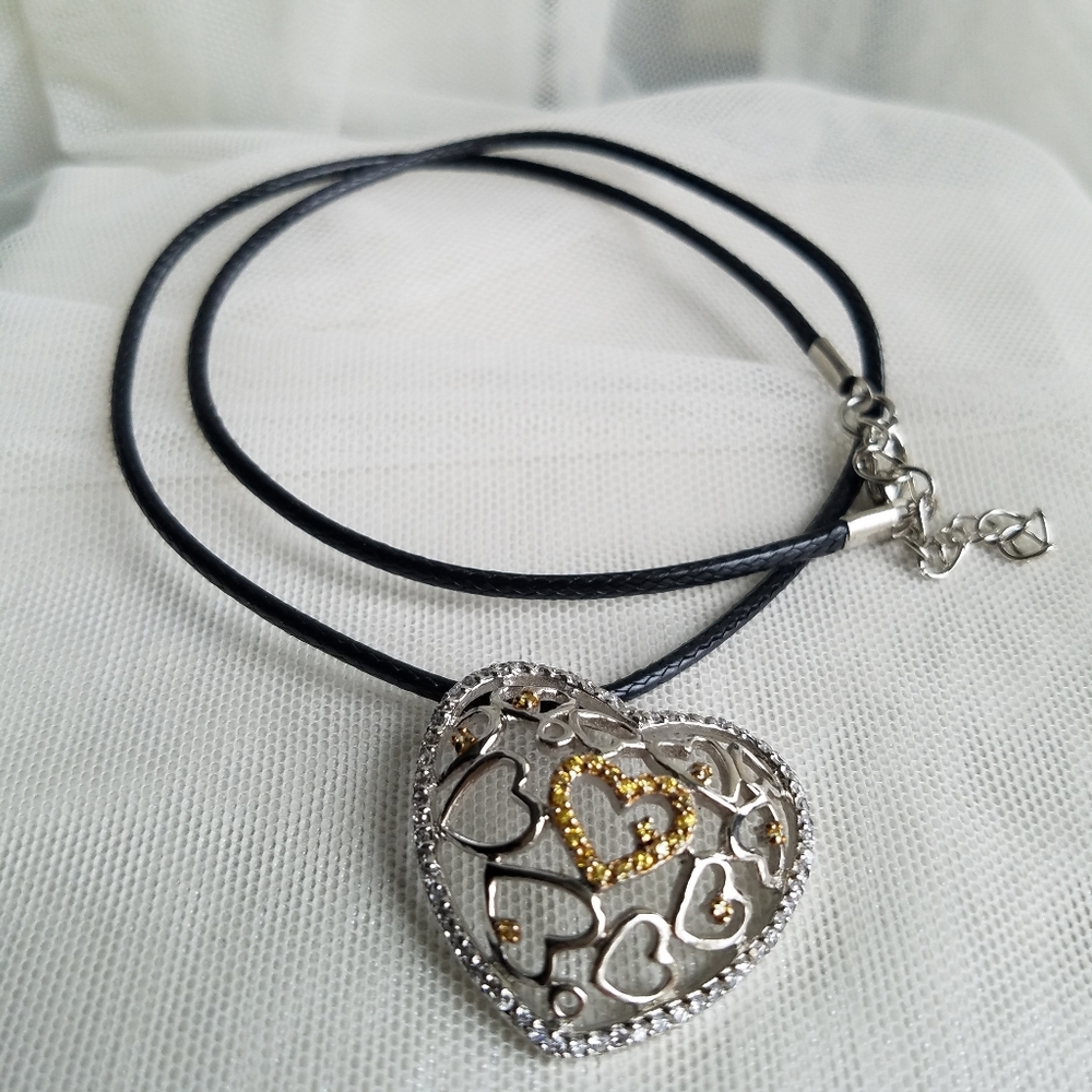 Two-tone Rhinestone Heart Pendant Choker Necklace on Black Leather Cord - Picture 3 of 5